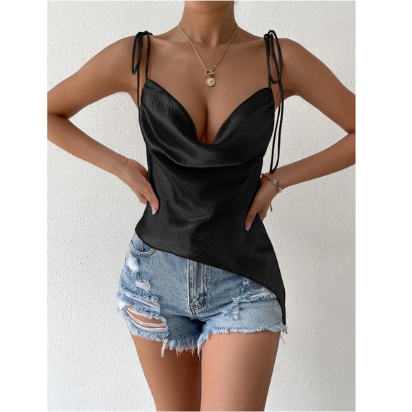 Black Glamorous Cowl Neck Ties Straps Camisole Top Satin - Picture 6 of 10